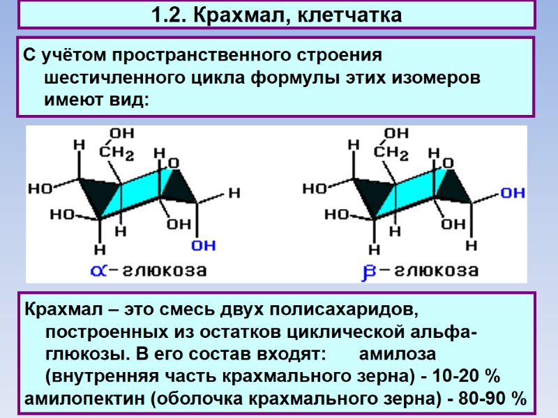 1.2. Крахмал, клетчатка С учётом пространственного строения шестичленного цикла формулы этих изомеров имеют вид: